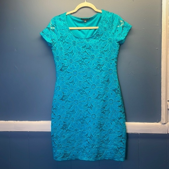 Turquoise Lace Cocktail Dress - Picture 1 of 10